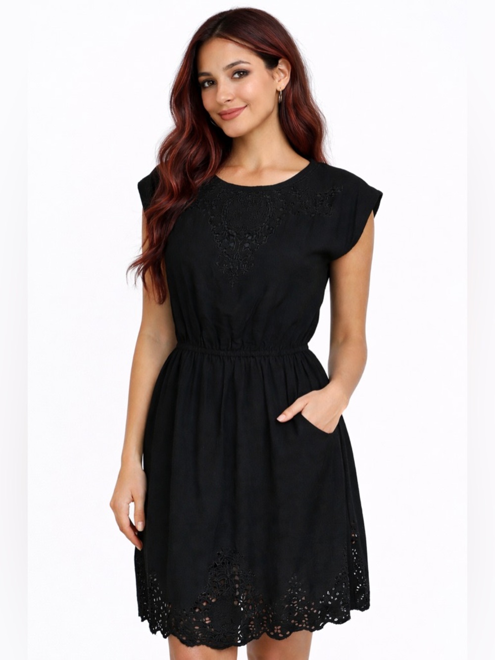 Charming Charlie Black Lace Fit & Flare Dress Casual Chic Rayon Cotton Lined